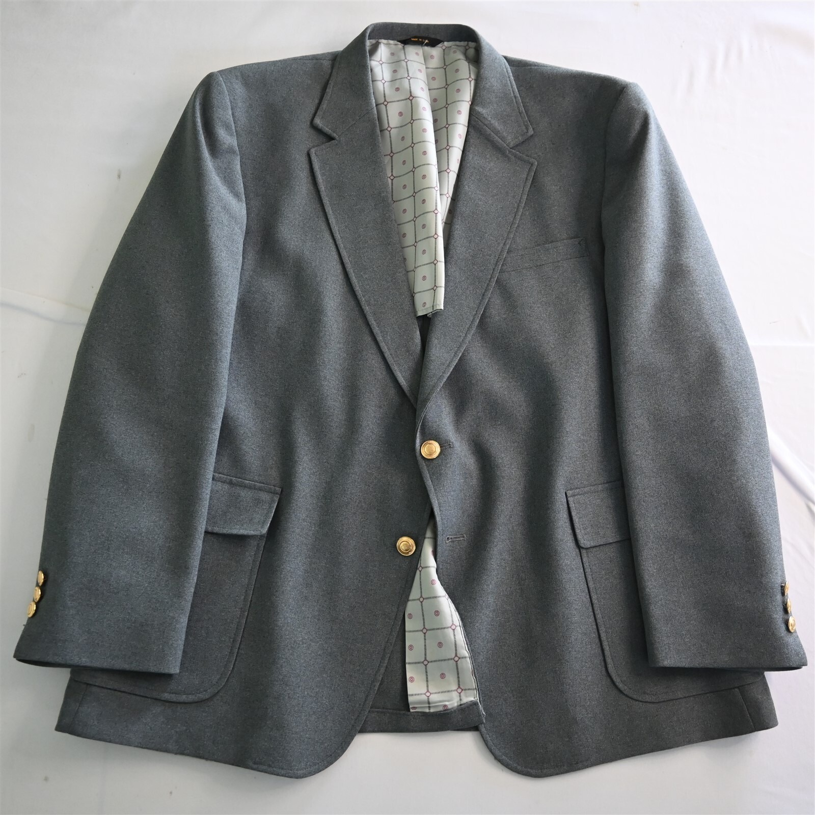 Vtg Usa Made 50r Gray Hopsack Gold Button Wool Blazer Jacket Sport Coat